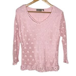 Crochet Mesh Net Top Pink Womens Size XL Cottagecore Lace Pastel Fairy